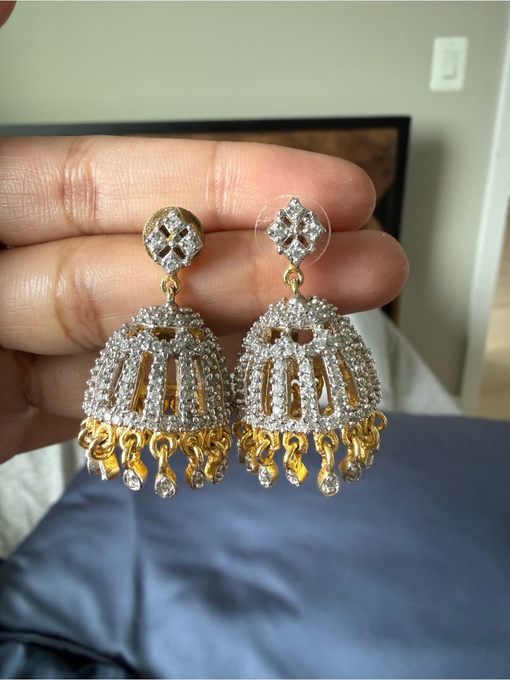 Gold and Silver Jhumka Earrings with Crystal Accents